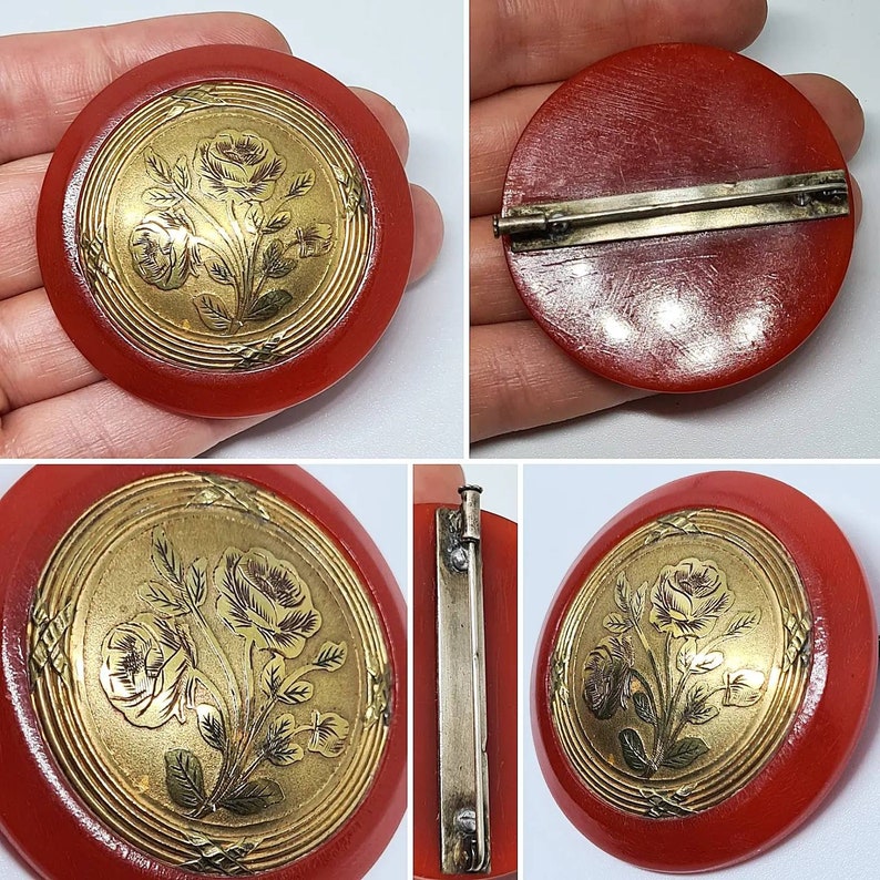 Original 1930s/40s Large Statement Early Red Plastic Brass Floral Brooch image 1