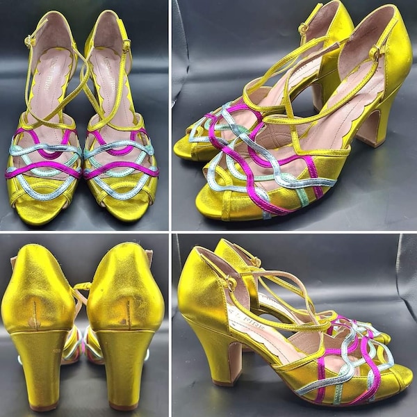 1940s Style Gold, Magenta and Sky Blue Metallic Leather Miss L Fire Lattice Heels!