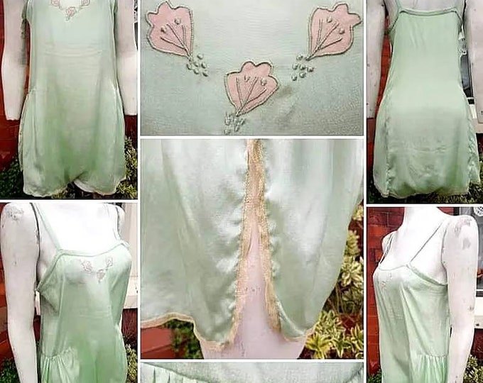 Original Late 1920s Eau De Nil Silk Step in Chemise With Pink Appliques