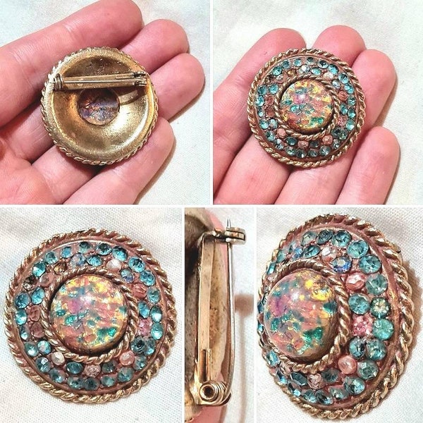 Original 1940s/50s Opal Foil Art Glass Dragons Breath Opalite Rhinestone Circular Hat Brooch!