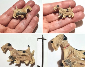 Original 1930s/40s Early Plastic Carved/Moulded Celluloid Two Dog Mother Baby Puppy Brooch!