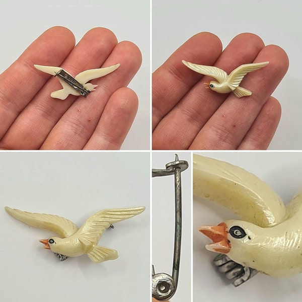 Broche originale petite mouette en plastique sculpté/moulé en celluloïd au début des années 30/40 !