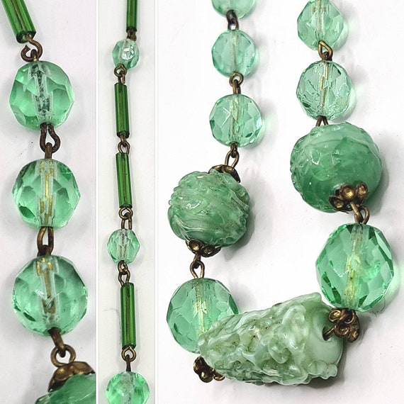 Original 1930s Art Deco Necklace with Green Czech… - image 3