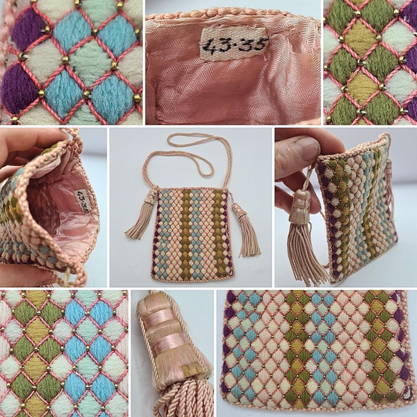 ¡Bolso de bolso tapiz pequeño de colores pastel antiguos originales de la década de 1930 con asas de cordón de borla!