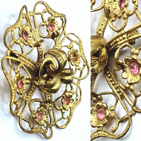 Original 1930s Czech Gold Tone Filigree Pastel Pi… - image 2