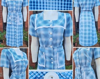 Original Late 1930s XL VOLUP Blue and White Plaid Cotton Dress with Lace Collar Decoration and Pockets!