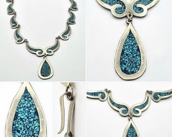 Original 1960s/70s Bohemian Mexican Silver Alpaca Turquoise Inlaid Necklace with Large Single Drop!