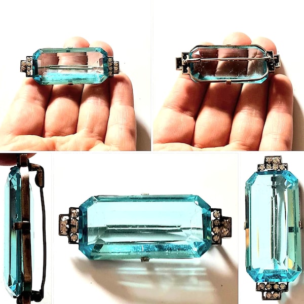 Original 1910s Antique Silver French Faceted Aquamarine Glass Brooch with Paste Accents!