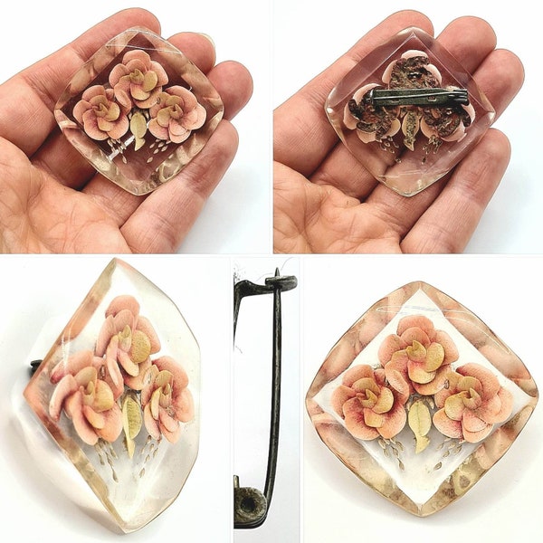 Original 1940s Early Plastic Reverse Carved Lucite Floral Brooch!