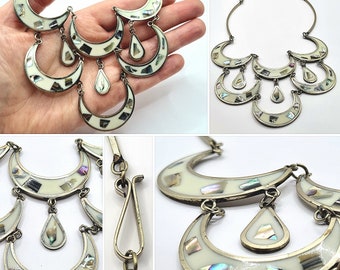 Original 1960s/70s Bohemian Mexican Alpaca Silver Crescent Moon Celestial Enamel Necklace!