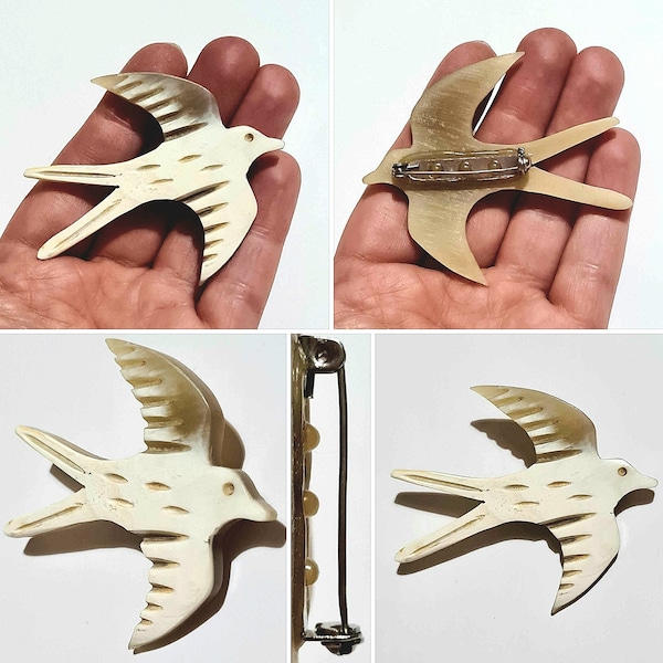 Broche originale d'oiseau d'hirondelle de corne d'art déco en plastique sculpté au début des années 40/50 en celluloïd !