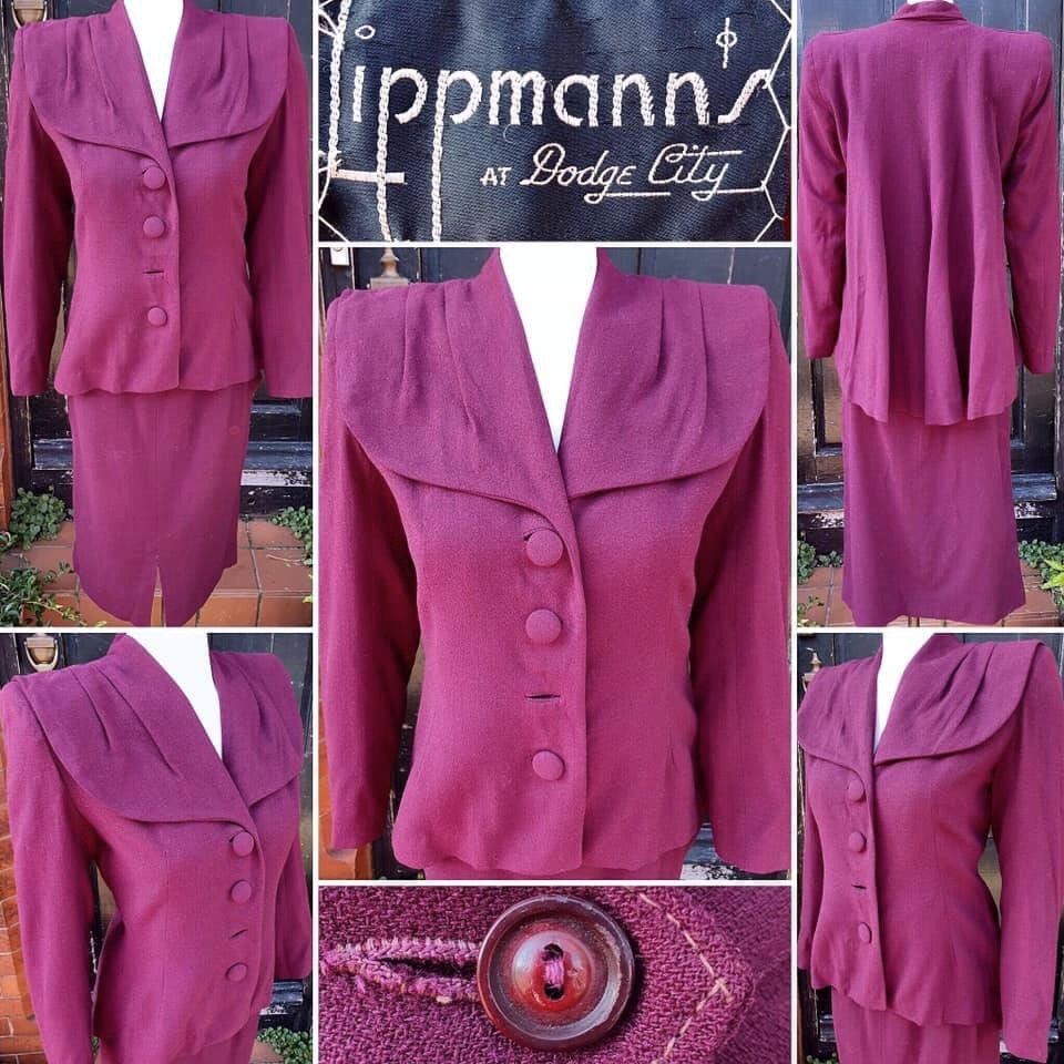 Image of Salestunning Original S Burgundy Red Wool Skirt Suit With Strong Shoulders & Stylish Swing Back Jacket