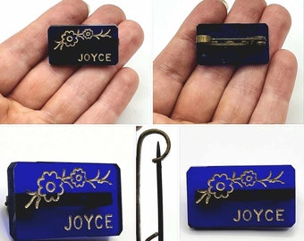 Original 1930s/40s Early Plastic Art Deco Reverse Carved Lucite "Joyce" Name Dangle Brooch!