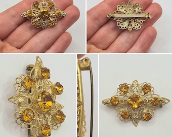 Original 1930s Czech Filigree Gold Tone Amber Faceted Glass Brooch!