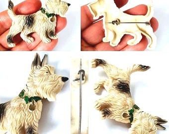 Original 1930/40s Large Statement Carved/Moulded Celluloid Early Plastic Art Deco Scotty Dog Brooch!