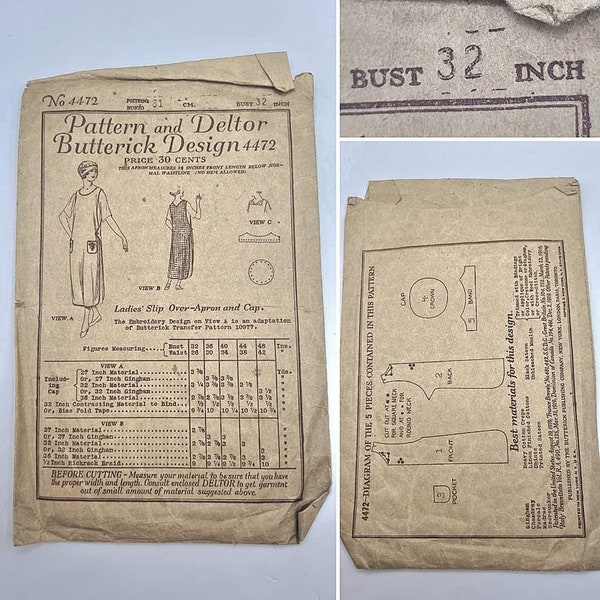 VERY RARE Original 1920s Pattern and Deltor Butterick Apron and Cap Pattern!