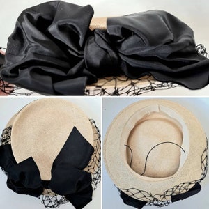 Original 1940s Fine Woven Straw Hat with Dramatic Black Net and Oversized Bow Feature image 2