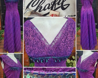 Original Late 1950s VOLUP Royal Purple Lace Evening Dress with Sequin Bust Detail by Chafil of London!