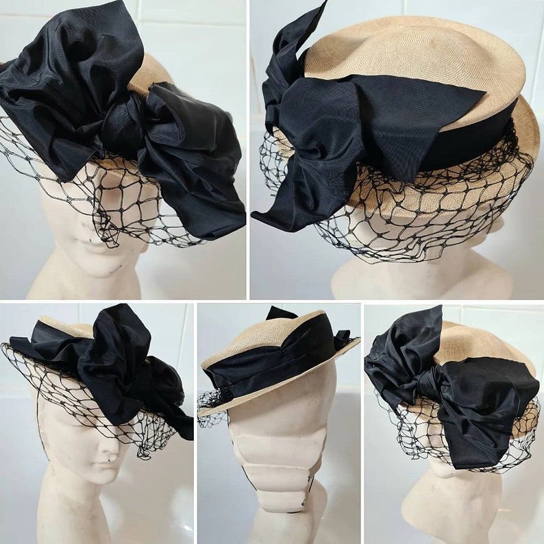 Original 1940s Fine Woven Straw Hat with Dramatic Black Net and Oversized Bow Feature image 1