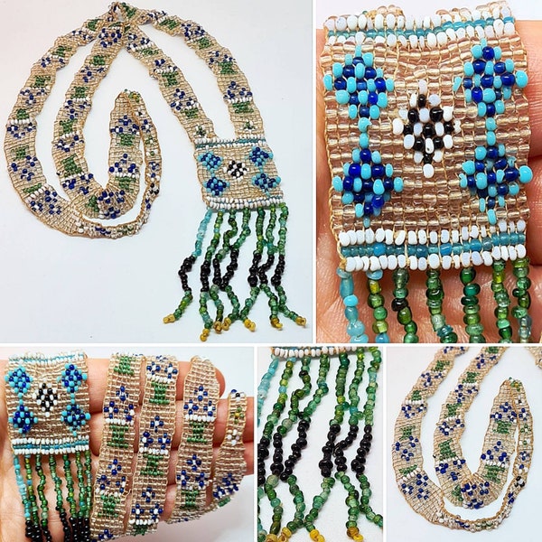 Original 1920s Blue, White, Green and Grey Seed Beaded Necklace!