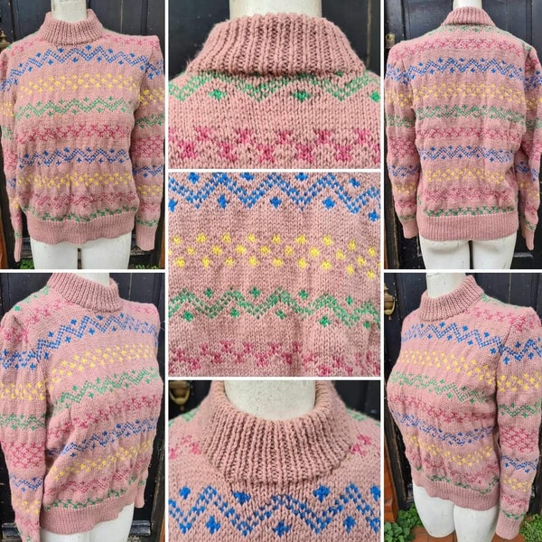 Original 1970s/80s does 1930s/40s VOLUP Hand Knitted Fair Isle Jumper with Small Peaked Shoulders!