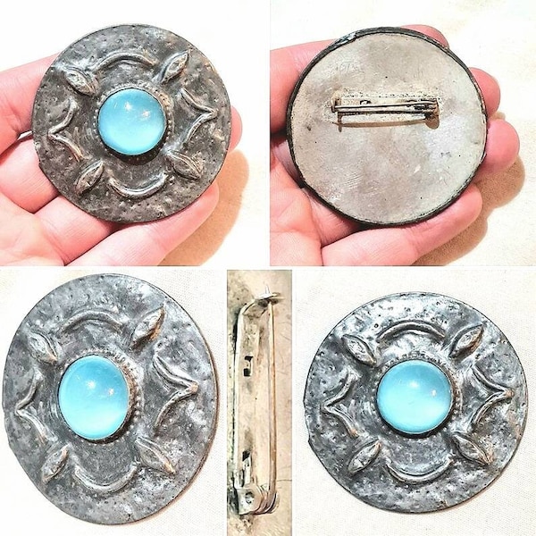 Broche originale de style Art nouveau Ruskin pour arts et métiers des années 1910/1920, cabochon Aqua Moonglow !