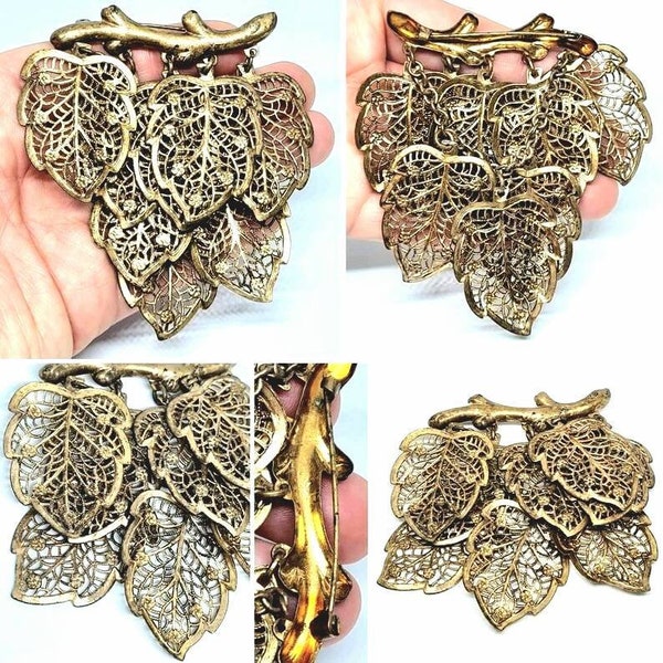 Grande broche originale en filigrane de feuilles et de branches dorées, originales des années 30/40 !