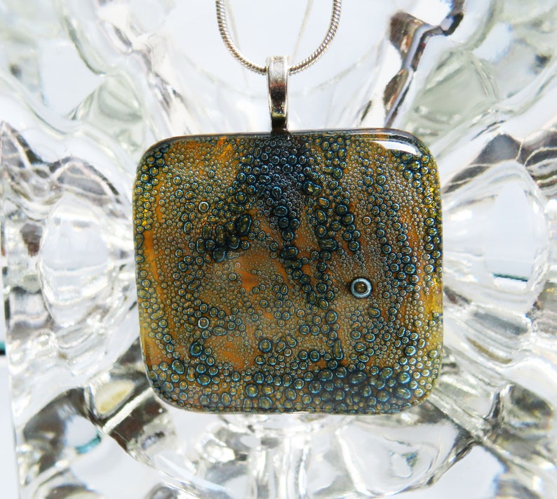handmade fusing glass necklace bubbles dark amber square pendant glass pendant Necklace pendant Fused Glass