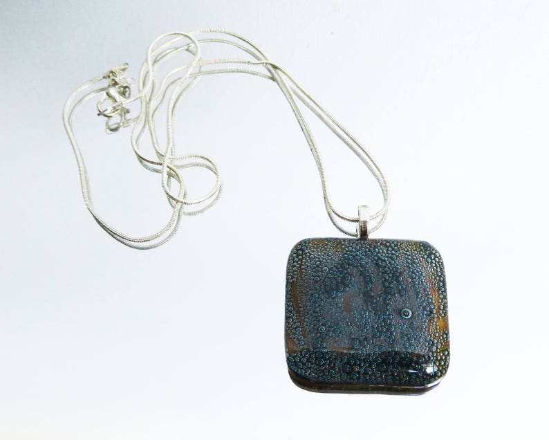 handmade fusing glass necklace bubbles dark amber square pendant glass pendant Necklace pendant Fused Glass