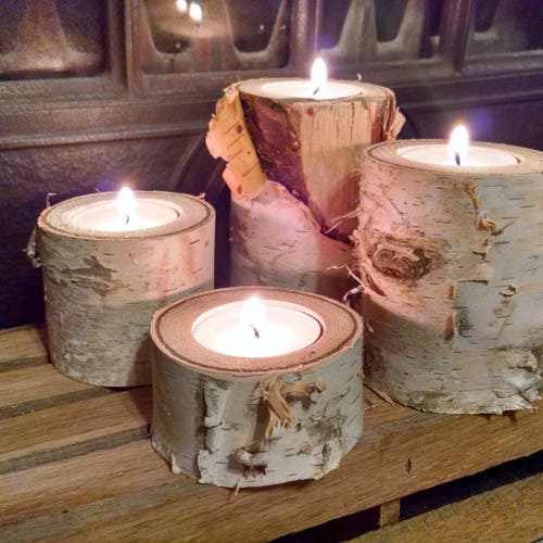 Birch Yule Log Candle Holder Comes With Tea Light Candle Etsy