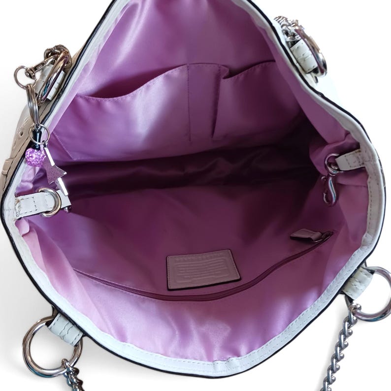 Coach Poppy Ivory Leather Eyelet Tote 22438 – Pink Sateen Lining, Chain Handles, Silver Hardware, 14.5"x11.5"x3