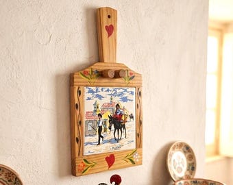 Vintage Algarve Portugal Wooden Plaque Ceramic Tile Donkey Folk Art Wall Hanging Tray 1960s-70s