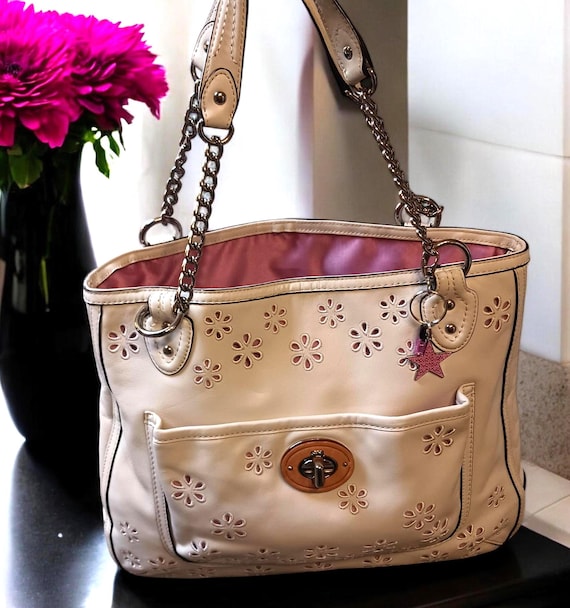 Coach Poppy Ivory Leather Eyelet Tote: Pink Sateen Lining, Silver