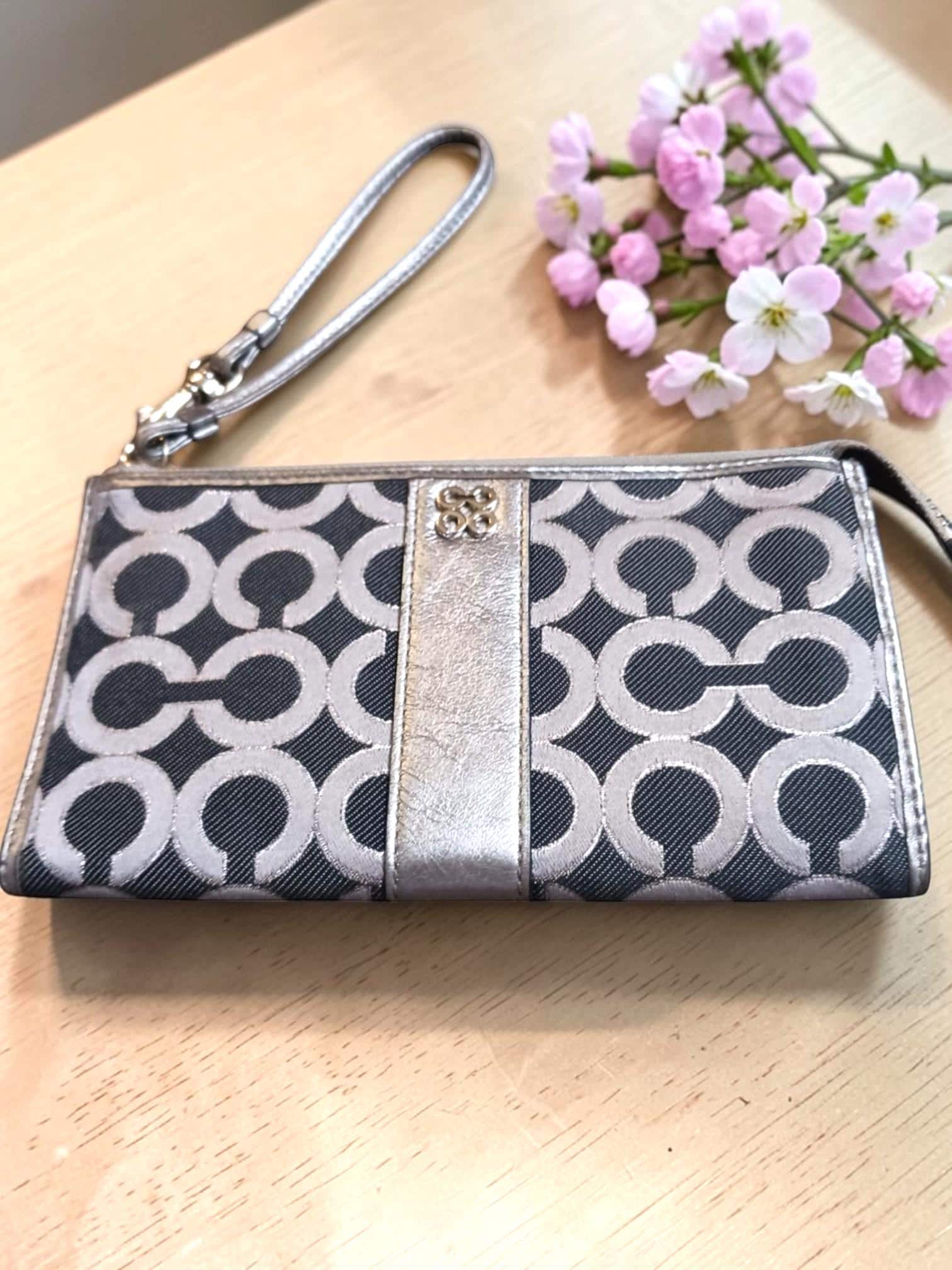 Coach Metallic Silver Trim Charcoal Signature Jacquard Large 