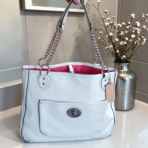 Y2K Coach Ivory Leather Chain Shoulder Bag Turnlock Pocket Coral