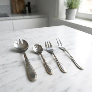 May include: A set of four silver-toned metal utensils consisting of a slotted salad spoon, a small shell-shaped spoon, a three-tined fork, and a two-tined serving fork. Each piece features a smooth handle with subtle grooved detailing at the neck.