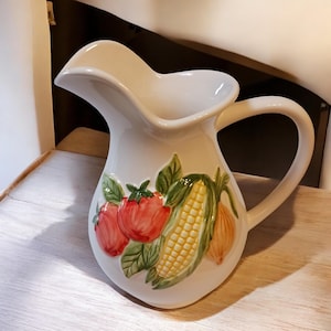Vintage Majolica Barbotine Pitcher: Hand-Painted Fruit & Vegetables, Portuguese Pottery