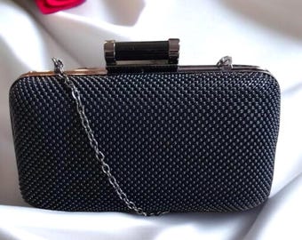 Vintage Jessica McClintock Black Beaded Clamshell Evening Bag with Hideaway Chain Bridal Y2K Formal