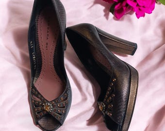 Barbara Bui Metallic Reptile Embossed Peep Toe Heels - Rhinestone Detail, Size 37.5 / US 7-7.5