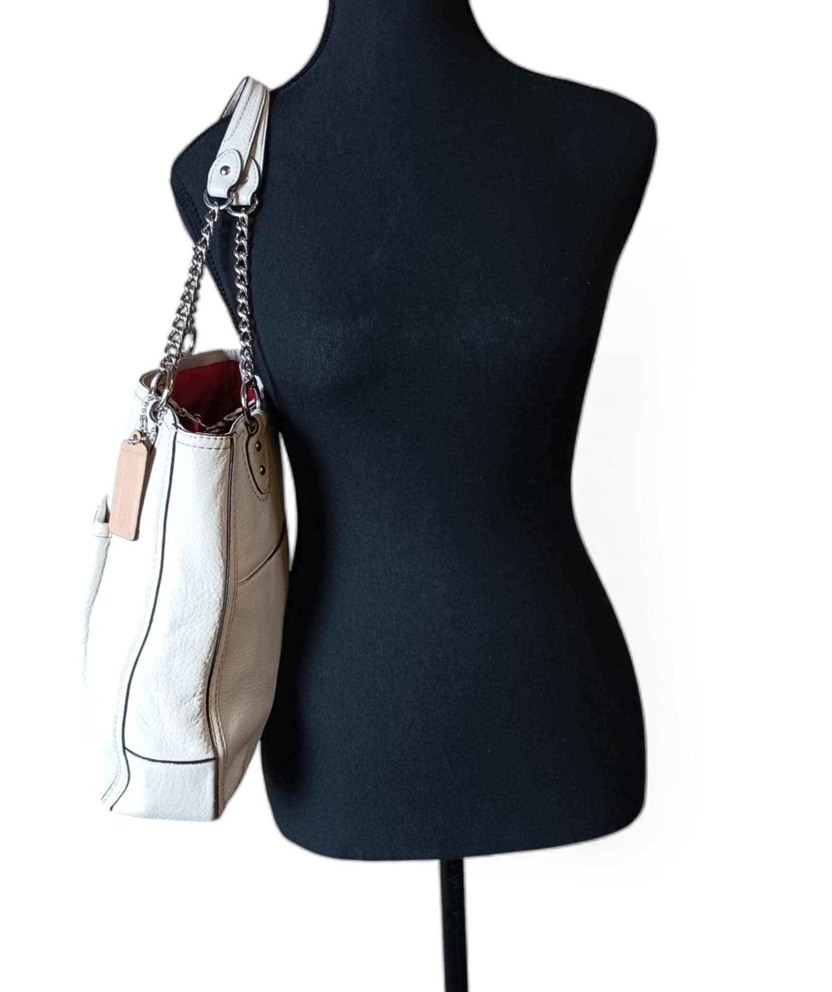 Y2K Coach Ivory Leather Chain Shoulder Bag Turnlock Pocket Coral