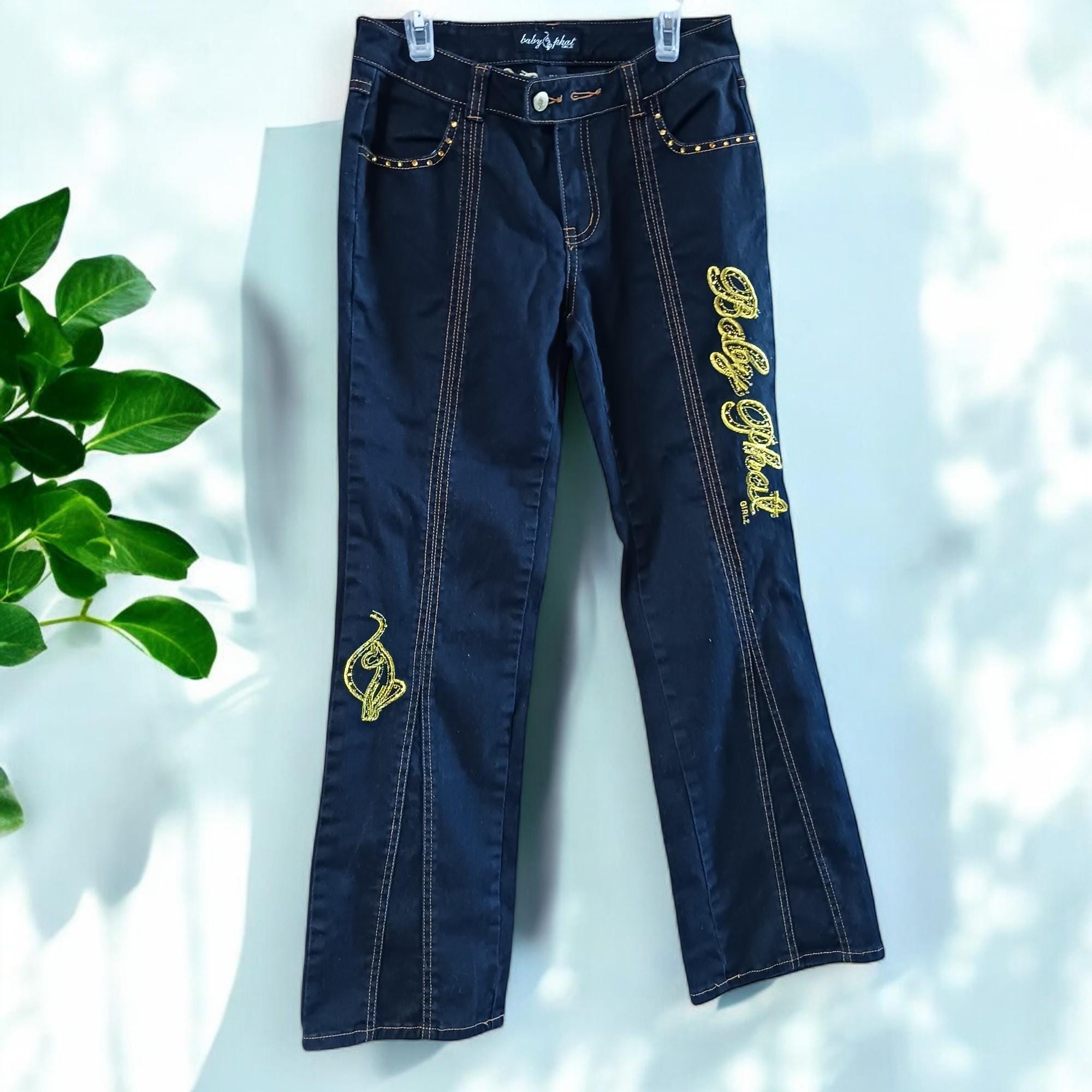 Y2K Baby Phat Girlz Jeans: Gold Crystal Embellished, Lace-up