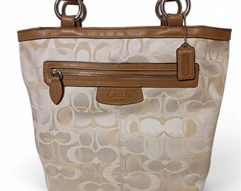 Coach Signature Tote F15436 Beige & Tan Jacquard Fabric With