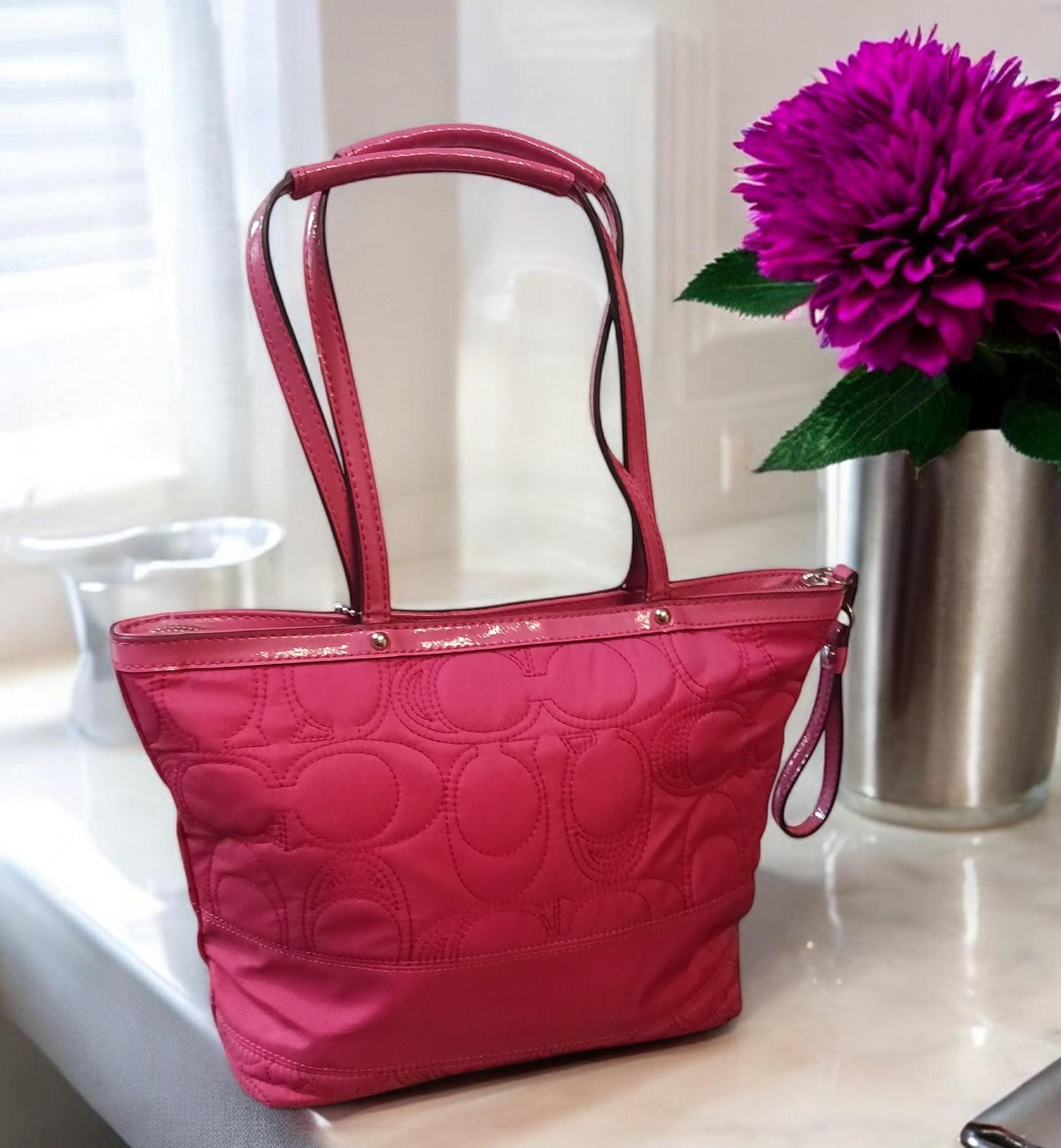 Vintage Y2K Coach Quilted Tote Bag: Rose Pink Signature, Patent 