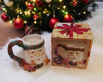 Vintage 1990s Woodland Santa Christmas Mug - Retro Holiday Ceramic Coffee Hot Chocolate Cup  Mug
