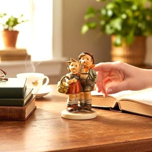 May include: A ceramic figurine of two children, a boy and a girl, standing side-by-side. The girl wears a red dress and carries a basket. The boy wears a green jacket and brown pants. The figurine is on a white base.