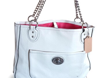 Y2K Coach Ivory Leather Chain Shoulder Bag Turnlock Pocket Coral