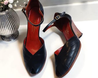 Vintage Tango Inspired Leather Heels Sculptural Wood Heel Peep Toe Ankle Strap Brazil