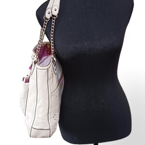 Coach Poppy Ivory Leather Eyelet Tote 22438 – Pink Sateen Lining, Chain Handles, Silver Hardware, 14.5"x11.5"x3
