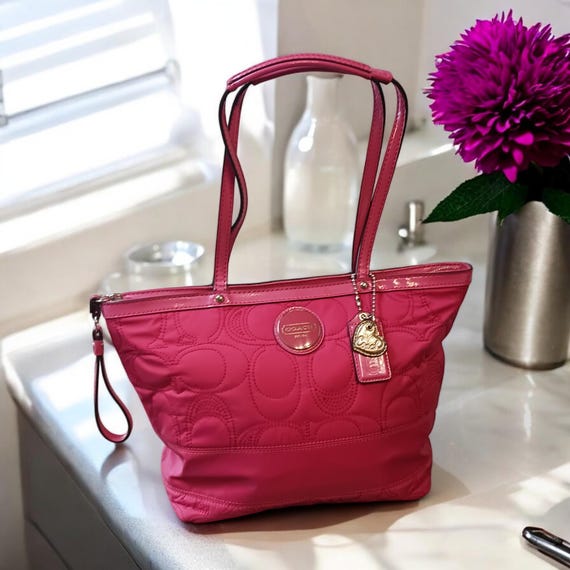 Vintage Y2K Coach Quilted Tote Bag: Rose Pink Signature, Patent