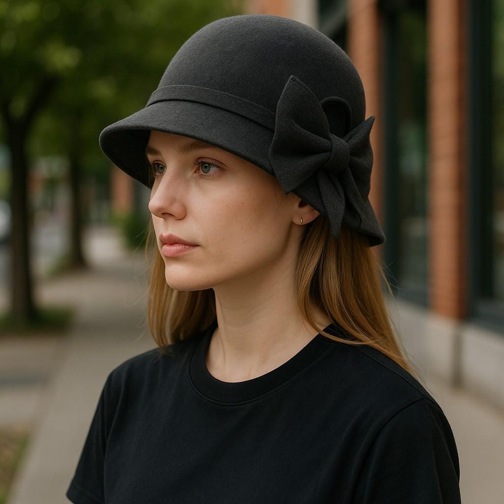 Vintage Olive Green Felt Cloche Hat: Suede Bow, Adjustable 